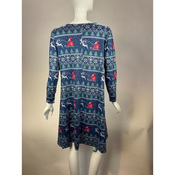 Santa Sleigh Christmas Long Sleeve Dress Size XXL Blue Cotton Blend - Picture 4 of 16